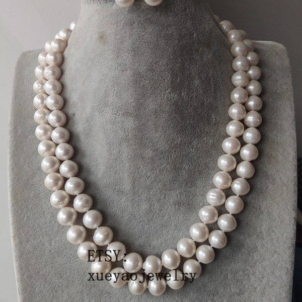 Parure de bijoux, collier et boucles d'oreilles en perles de culture d'eau douce blanches à deux rangs de 11-11,5 mm