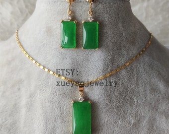 Green Jade Jewelry Set: Earrings & Pendant