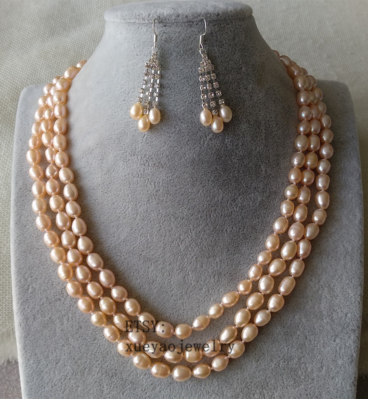 Pearl Set 3 rows 7-8 mm pink freshwater pearl necklace & | Etsy