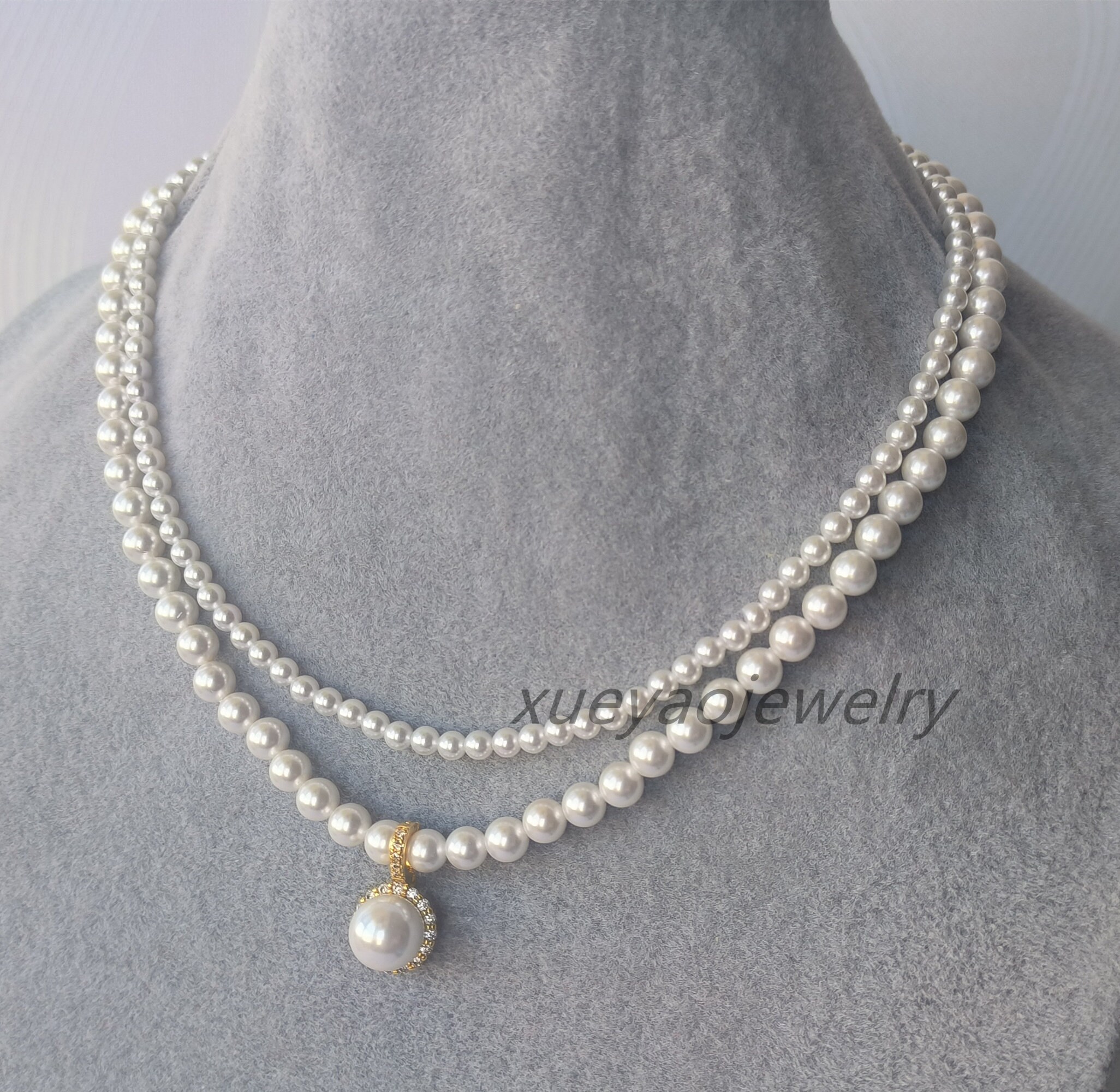 Mother of Pearl Necklace, 2 Rows 4-6 Mm White Shell Pearl