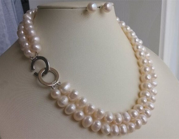 PEARL SET White Pearl Necklace Double Strand Pearl Necklace | Etsy