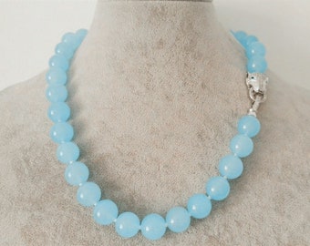 FidgetFidget 10mm Blue Sapphire Jade Round Beads Women Necklace 48” 