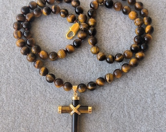 cross pendant, 6 mm tiger eye stone necklace pendant