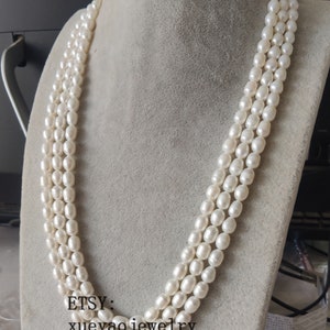 Echte Perlenkette, 3 Reihen 7-8 mm weiße Süßwasser Perlenkette 23-25 Zoll