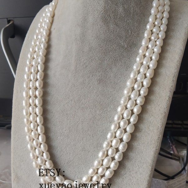 Genuine Pearl Necklace , 3 rows 7-8mm white freshwater pearl necklace 23-25inch