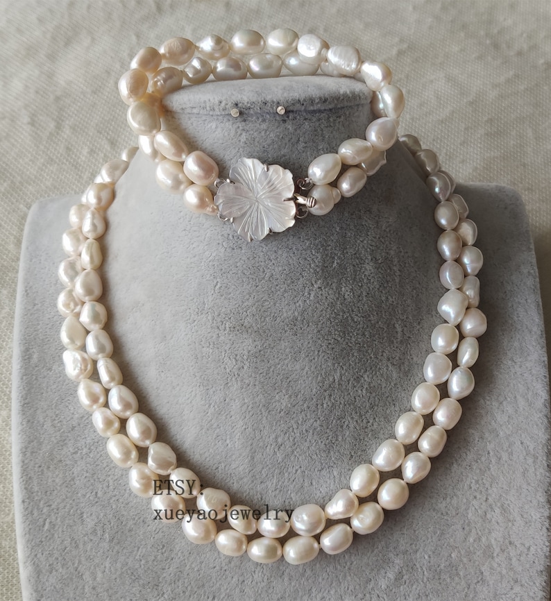 double rows 9-10mm white baroque freshwater pearl necklace /& bracelet shell flower clasp pearl set