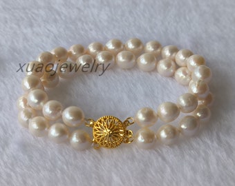 double rows pearl bracelet, cultured 7.5-8 mm white freshwater pearl bracelet