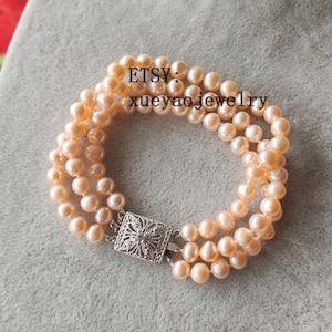 Pink Freshwater Pearl Bracelet: 3-Row Bridal Wedding Jewelry