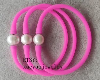 3pcs 10-11mm white freshwater Pearl & Silicone Rubber Stretch bracelet