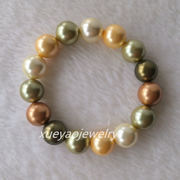 Charm Bracelet, 14 mm multi-color  shell pearl bracelet, stretch bracelet