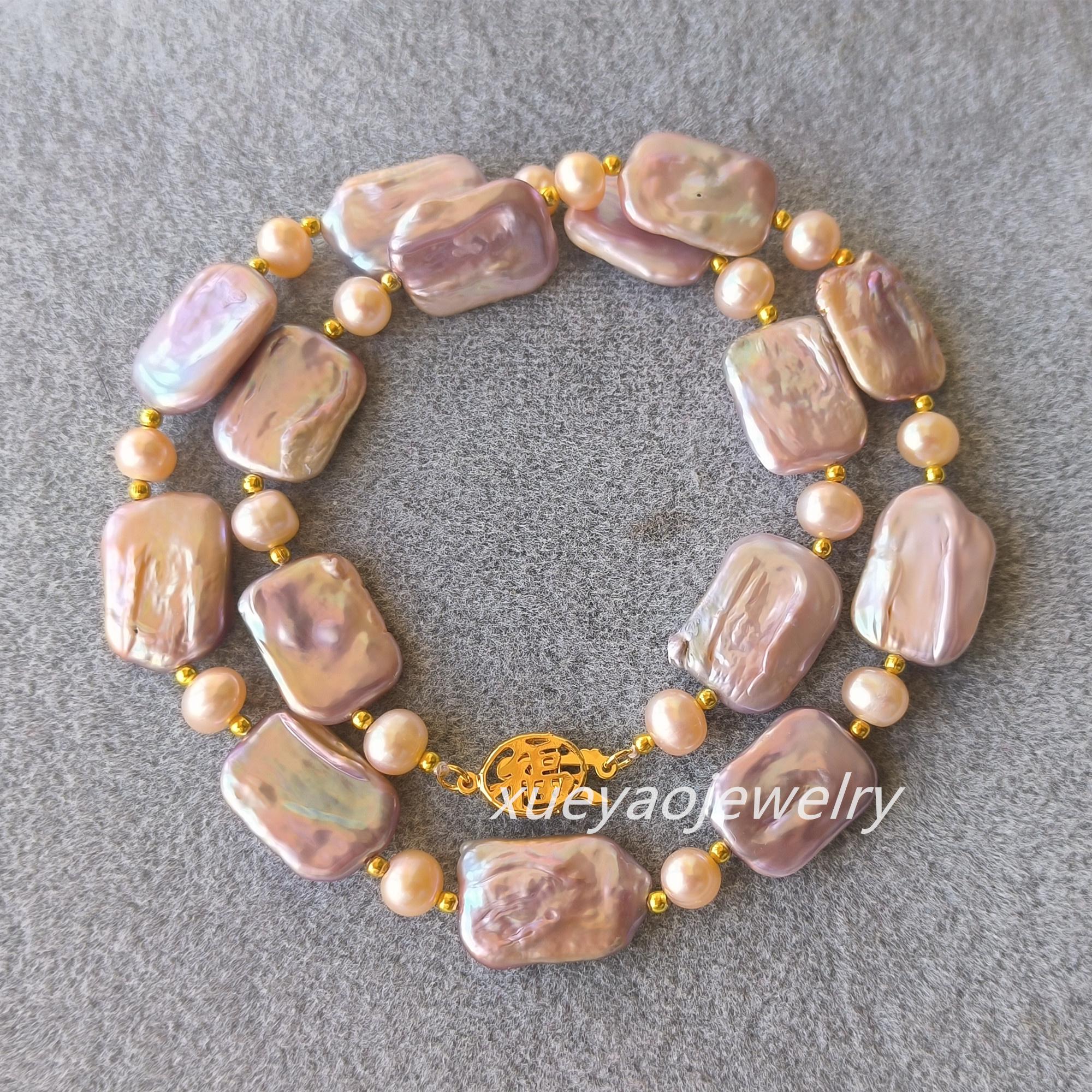 Collana Di Perle Barocche Naturali Lavanda Bianca Rosa - 11-12 Mm, Oro Giallo, 18 Pollici - Foto 4