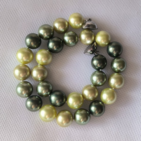 14 mm shell pearl necklace, multi-color shell pearl necklace, mixed green pearl necklace