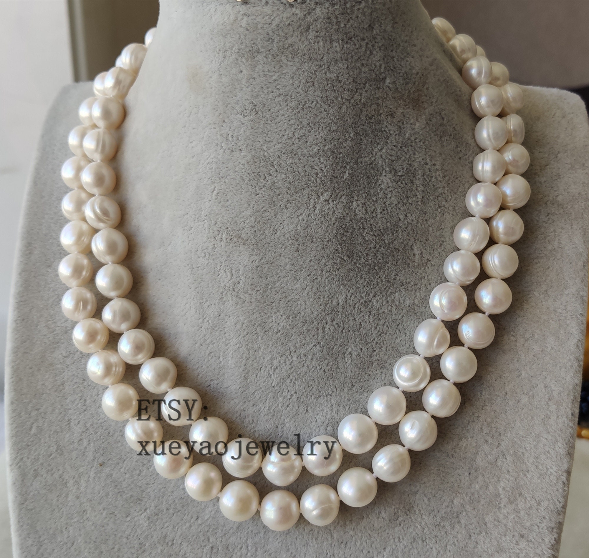 Big pearl necklace double strands 11-11.5mm white freshwater | Etsy