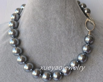 Collier de nacre, énorme collier de perles de coquillage gris foncé de 16 mm 16-25 pouces