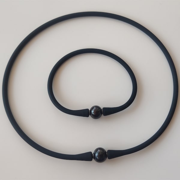 Pearl choker necklace, pearl bracelet, 10-11mm black freshwater pearl with Silicone rubber necklace bracelet set