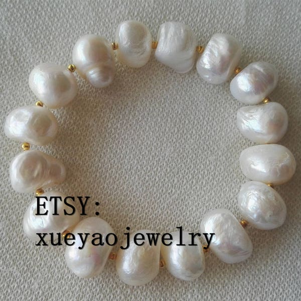 Bracelet de perles baroques, bracelet extensible de grosses perles d'eau douce blanches