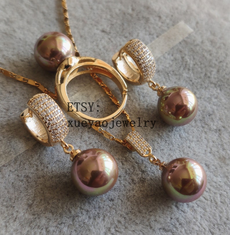 Jewelry Set 12mm Champagne Shell Pearl Earrings Ring & Etsy