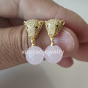 Classic  Leopard Head Earrings, Jade Earrings, Tiger Eye Stone earrings, 10mm beads earrings