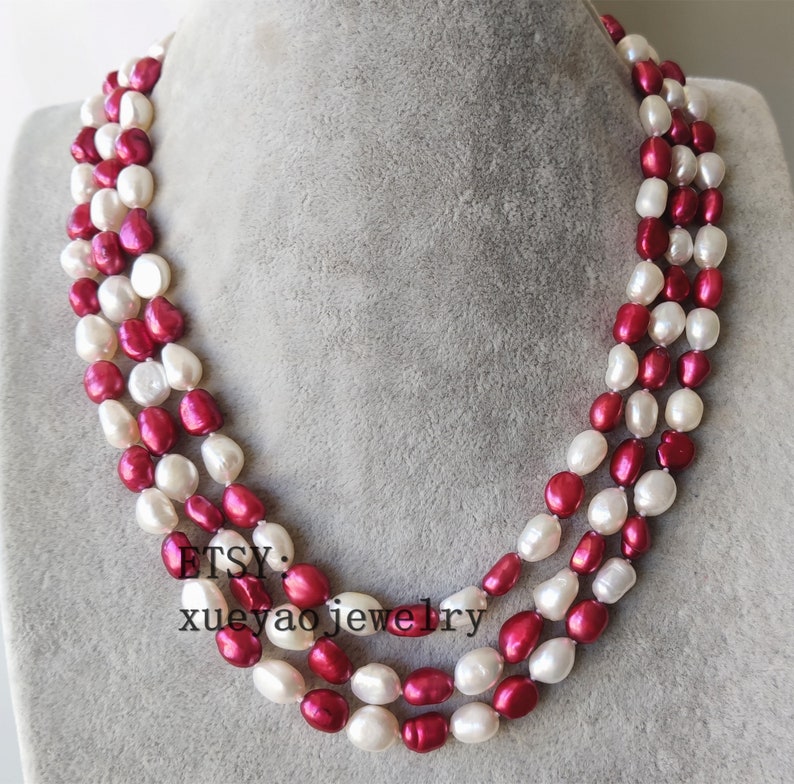 Baroque Pearl Necklace 3 rows 8-9 mm white /& red freshwater pearl necklace