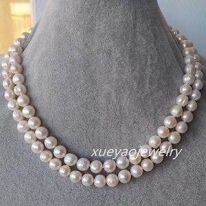 genuine pearl necklace, cultured 9-9.5 mm white freshwater pearl necklace, 2 rows necklace