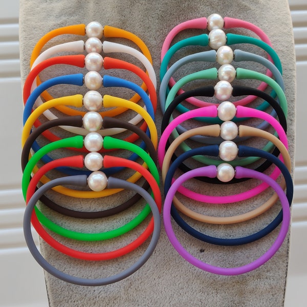18 colors- 10-11mm white freshwater Pearl & Silicone Rubber Stretch bracelet,  17 cm / 18 cm / 19 cm pearl bracelet