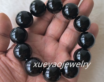 Pulsera de cuentas de ágata negra: Pulsera elástica gruesa (20 mm)
