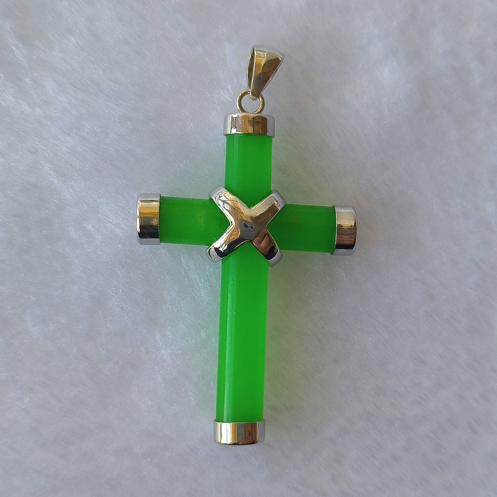 Ciondolo Croce In Giada Verde Con Catena - Placcato Oro 18K - Gioiello Donna