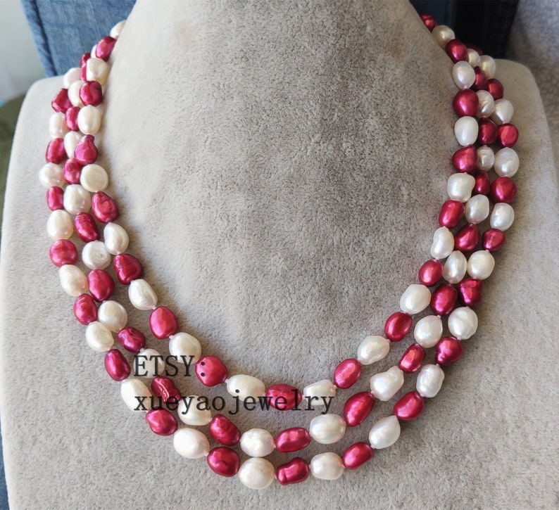 Baroque Pearl Necklace 3 rows 8-9 mm white /& red freshwater pearl necklace