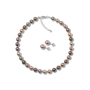 Brown Shell Pearl Necklace & Earrings Set: Platinum Clasp, Titanium Steel