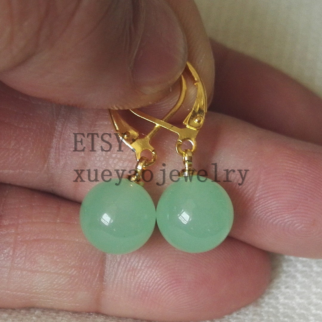Boucles D'oreilles Dormeuses En Argenté Avec Perle De Jade Vert Pâle - Fait Main, Unique - Neuf Sans Emballage