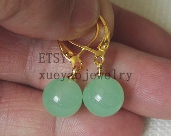 Boucles D'oreilles Dormeuse Argenté Avec Perle De Jade Vert Pâle 12mm - Fait Main, Unique Et Translucide