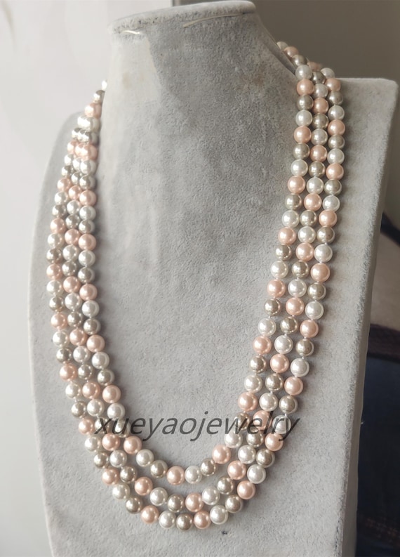 3 Rows 8 Mm White Pink & Gray Multi-color Shell Pearl Long