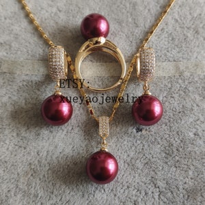 Jewelry Set, 12mm Bordeaux shell pearl earrings ring & pendant set, wedding jewelry