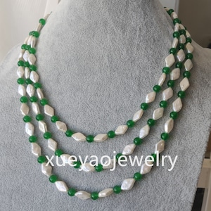 Baroque Pearl Necklace, Jade Necklace,   white freshwater pearl & green jade long necklace