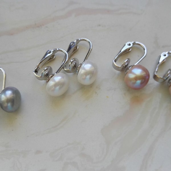 Boucles d'oreilles en perles véritables, boucles d'oreilles clips, boucles d'oreilles en perles blanches, boucle d'oreilles en perles grises, boucle d'oreilles en perles de lavande, 10-10,5 mm