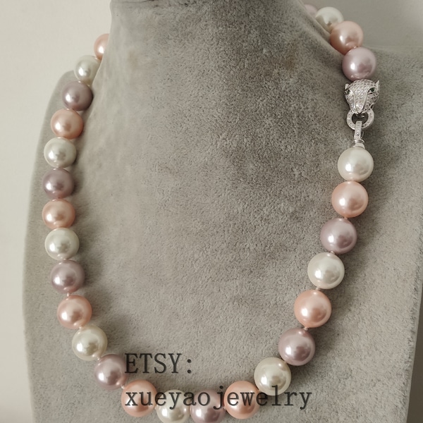 14 mm white pink lavender multi-color shell pearl necklace,Leopard Head clasp