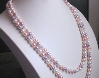long necklace, 8 mm white pink & lavender multi-color shell pearl long necklace