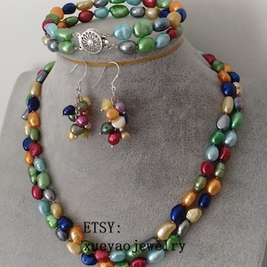 Pearl Set- pearl necklace , pearl bracelet, pearl earrings, 8-9mm multi-color baroque pearl necklace set