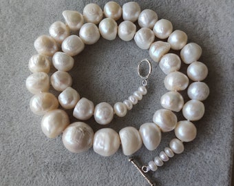 pearl necklace- baroque pearl necklace, 10-14 mm white freshwater pearl gradient necklace, 48cm