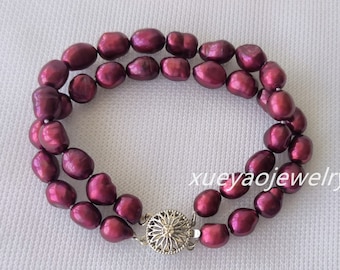 multi-row bracelets, 2 /3 /4 rows 8-9 mm dark red baroque freshwater pearl bracelet