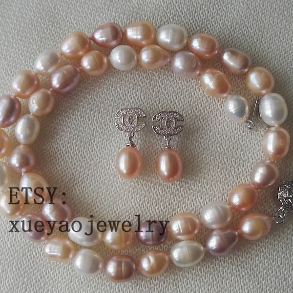 PEARL SET- 6-7 mm white pink & lavender multi-color freshwater pearl necklace and earrings set