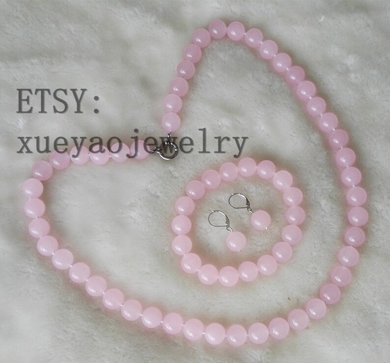 jade set 12mm light pink jade necklace stretch bracelet /& earrings set