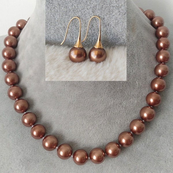 Jewelry Set, 10mm /  12mm brown shell pearl necklace & earrings set
