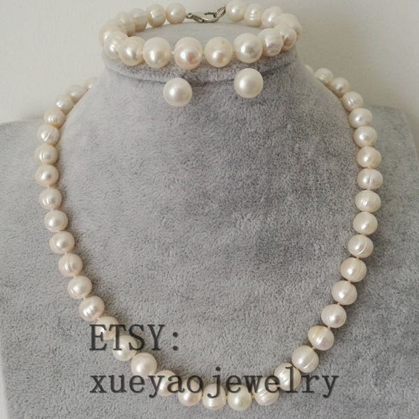 Ensemble de perles - véritables perles de culture d'eau douce blanches de 9-9,5 mm, ensemble bracelet et boucles d'oreilles