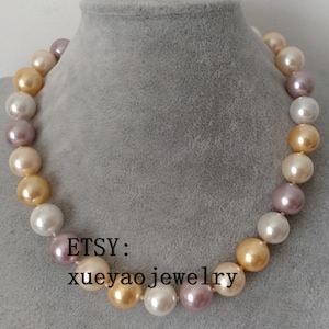 shell pearl necklace, 14 mm white pink purple & yellow multi-color shell pearl necklace