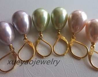 EARRING -AAA 3 pairs 12*15mm pink lavender & green shell pearl lever back earrings