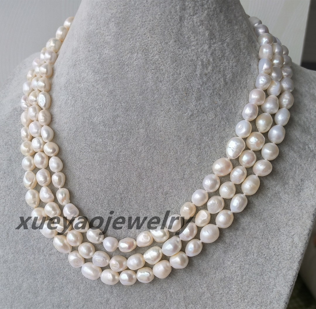 Baroque Pearl Necklace: 3-row White Freshwater Pearl Strand