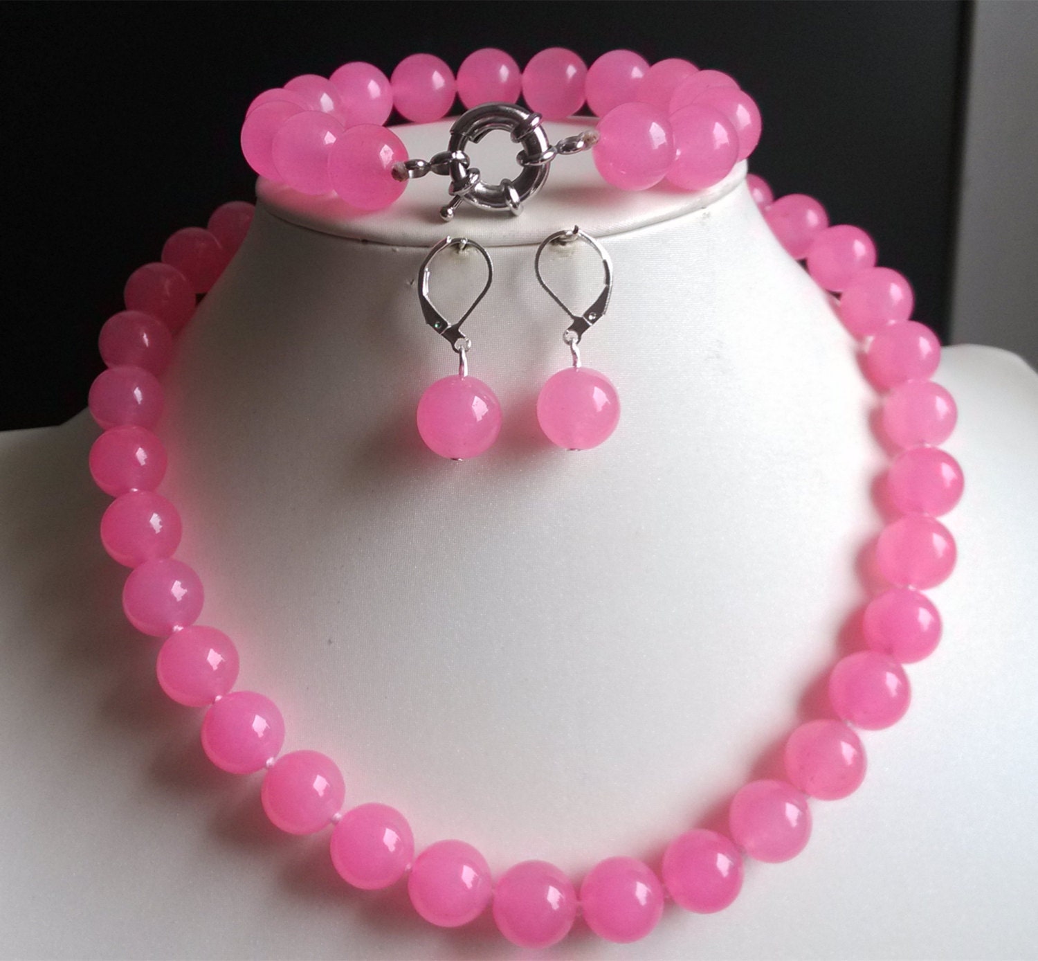jade set 12 mm pink jade necklace bracelet & earrings set Etsy