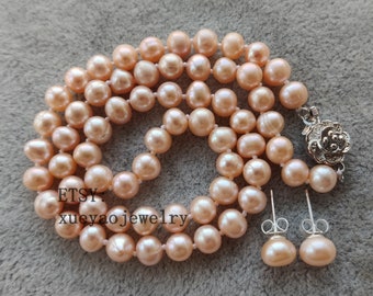 Set di collana e orecchini con perle d'acqua dolce rosa da 6-6,5 mm: gioielli da sposa.