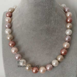shell pearl necklace, 14 mm white pink purple multi-color shell pearl necklace